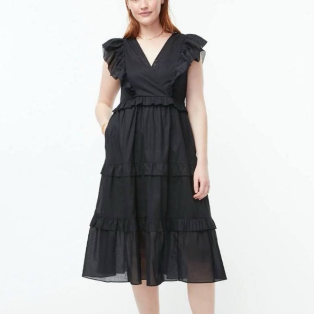 J.Crew Ruffle Sleeve Cotton Voile dress black tiered midi dress